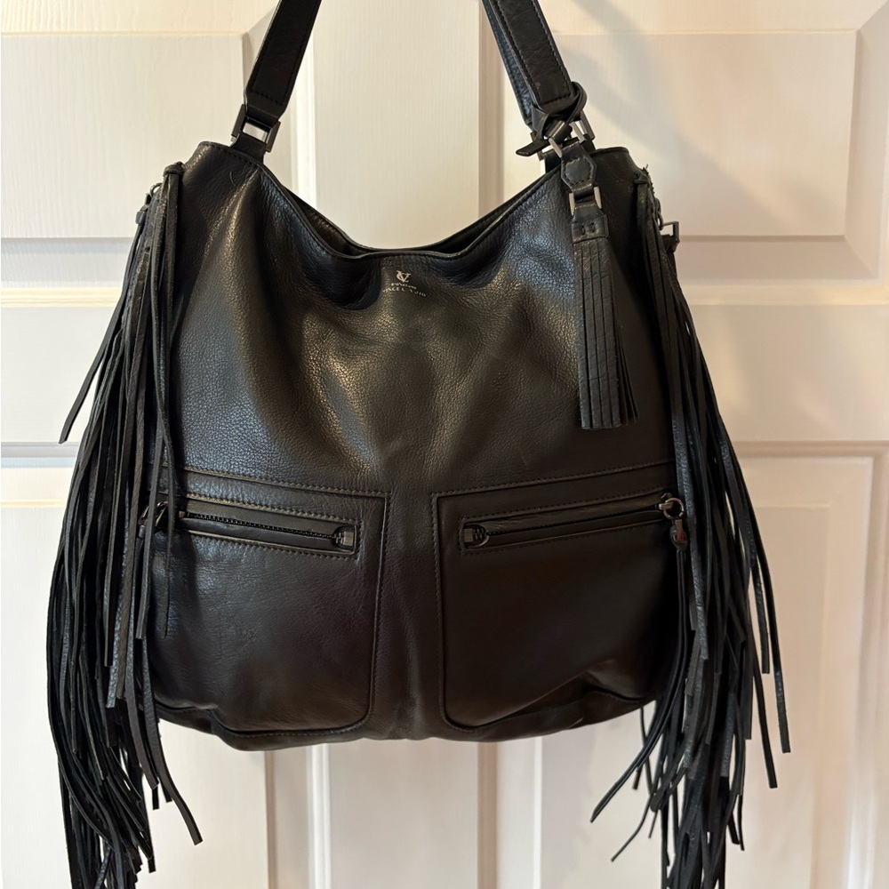 Black Leather Fringe Shoulder Bag